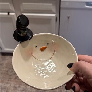 Snowman Ceramic Bowl with Hat Knife Accent